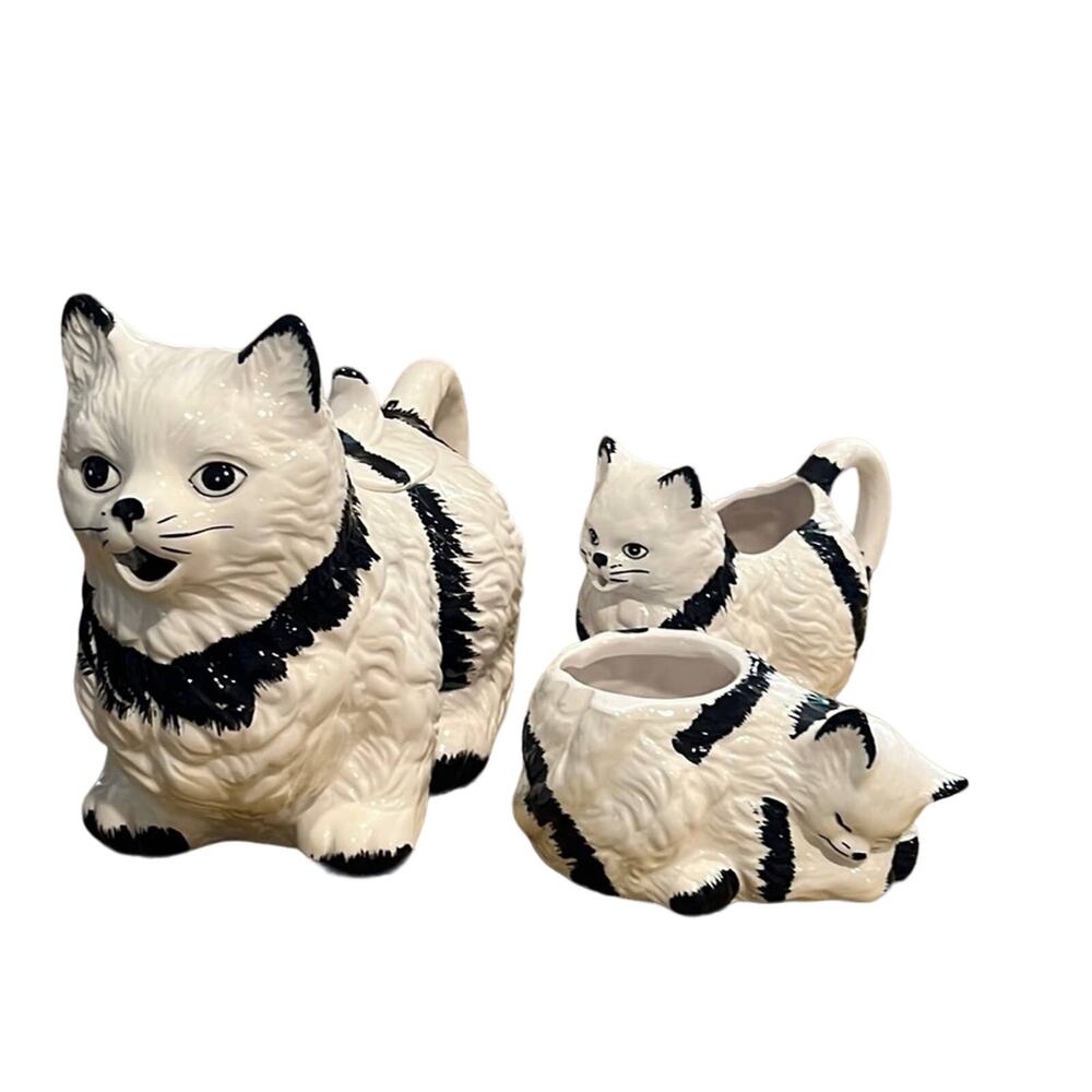 Black & White vintage MCM cat teapot, creamer, & sugar dish